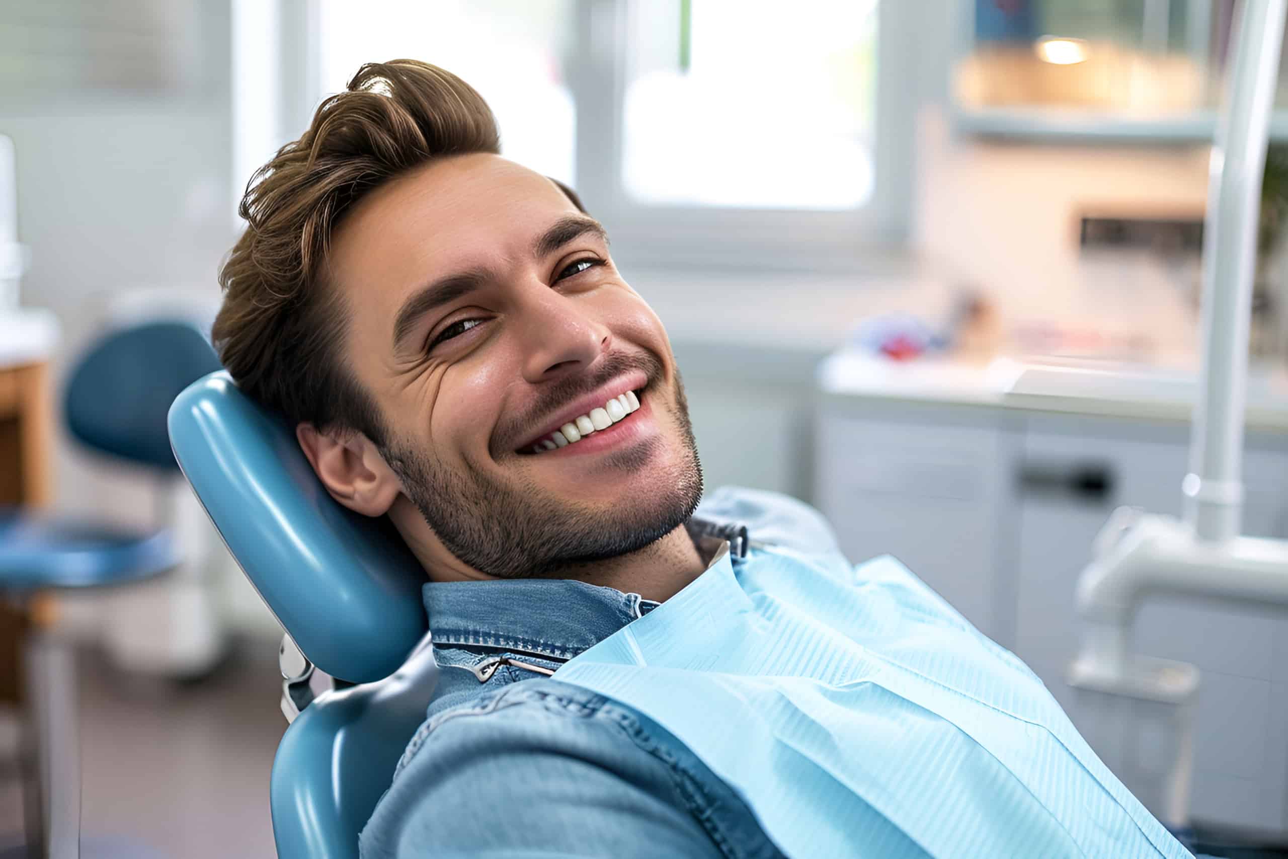 Smiling man sitting comfortably in a dentist's chair, overcoming dental anxiety